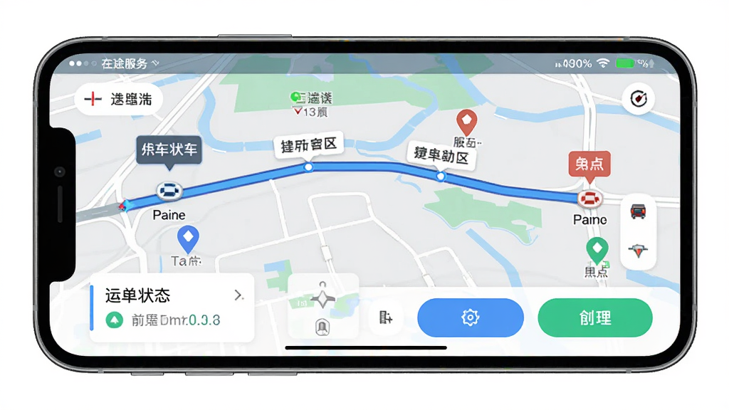 中车运司机端APP的导航与在途服务界面,画面主体为手机横屏显示地图导航路线,路线上标注了起点、途经点和终点,屏幕底部有运单状态卡片和功能按钮,布局采用横屏手机居中展示,风格为科技感地图界面,细节包括道路线条、车辆图标、服务区标记、状态栏信息,画质高清、画面干净、无多余元素