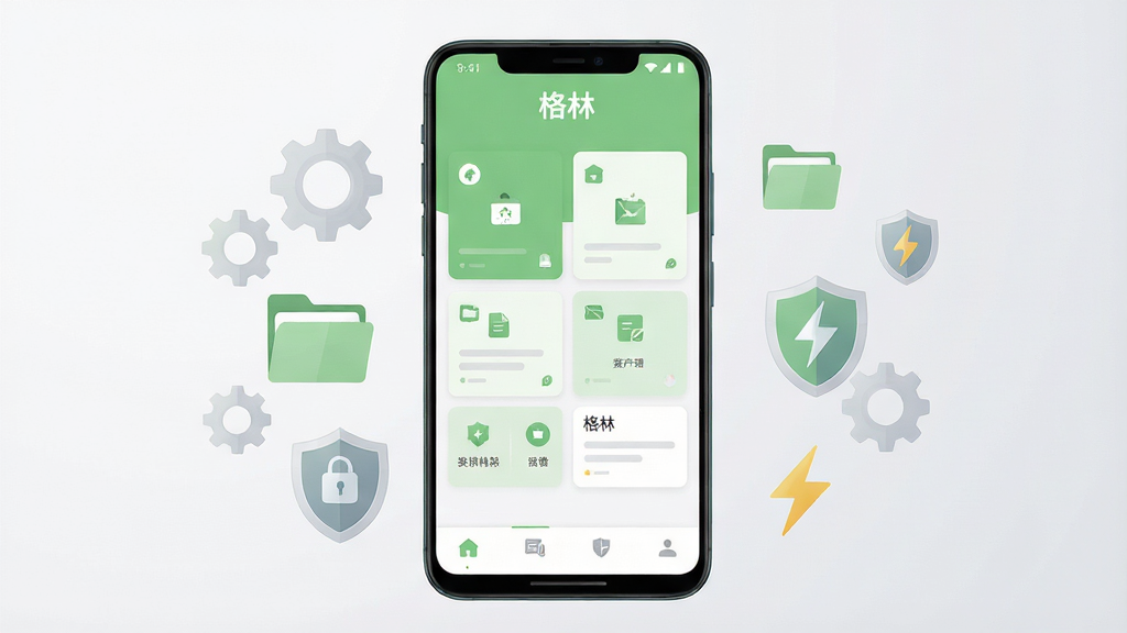 整体画面以一部竖屏安卓手机为中心,手机屏幕显示“格林”应用主界面,界面采用浅绿色与白色搭配,顶部有“格林”文字标识,中部为功能卡片网格布局,底部为导航栏;手机两侧环绕半透明的齿轮、文件夹、盾牌、闪电等图标,象征工具、安全与效率;背景为干净的浅灰渐变,风格简洁现代,扁平化设计,细节清晰,画质高清,干净无多余元素