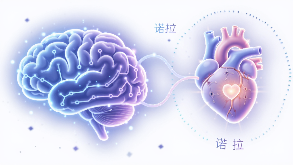 主体为一个发光的数字大脑与心形符号相连,布局为左右对称,排版简洁,风格为科技感与温暖感结合的插画,细节包括柔和的蓝紫色光晕、细微的电路纹理、心形符号带有呼吸光效,画质高清干净,无多余元素,图片中文字“诺拉巢”