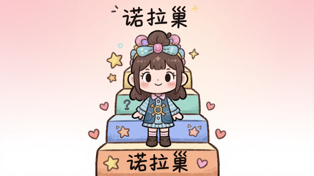 主体为一个可爱的虚拟角色站在阶梯上,阶梯每一级代表不同等级,布局为纵向上升式,排版居中,风格为卡通手绘风,细节包括角色穿着不同配饰、阶梯旁有小星星和爱心点缀、背景为淡粉色渐变,画质高清干净,无多余元素,图片中文字“诺拉巢”