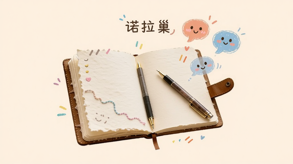 主体为一本打开的日记本与一支笔,旁边漂浮着不同颜色的心情气泡,布局为居中构图,排版简洁,风格为温馨手账风,细节包括纸张纹理、气泡带有表情符号、背景为浅米色,画质高清干净,无多余元素,图片中文字“诺拉巢”