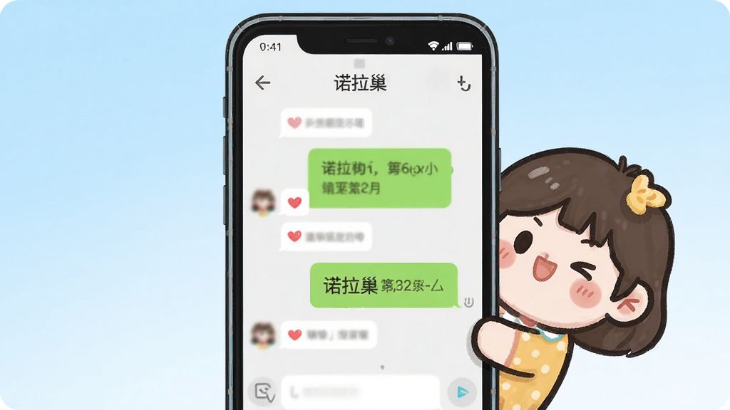 主体为一部安卓手机与一个卡通角色互动,手机屏幕显示诺拉巢聊天界面,布局为手机居中、角色从屏幕侧边探出,排版活泼,风格为清新治愈系插画,细节包括角色眨眼表情、聊天气泡中有爱心符号、背景为浅蓝色渐变,画质高清干净,无多余元素,图片中文字“诺拉巢”