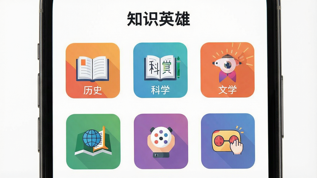 一张展示知识英雄题库分类页面的图片,画面为手机屏幕特写,屏幕中显示多个知识分类图标,包括历史、科学、文学、地理、娱乐等,每个图标配有不同的颜色和简约插画,顶部有知识英雄字样,布局整齐,风格扁平化设计,画质清晰,干净无杂乱元素