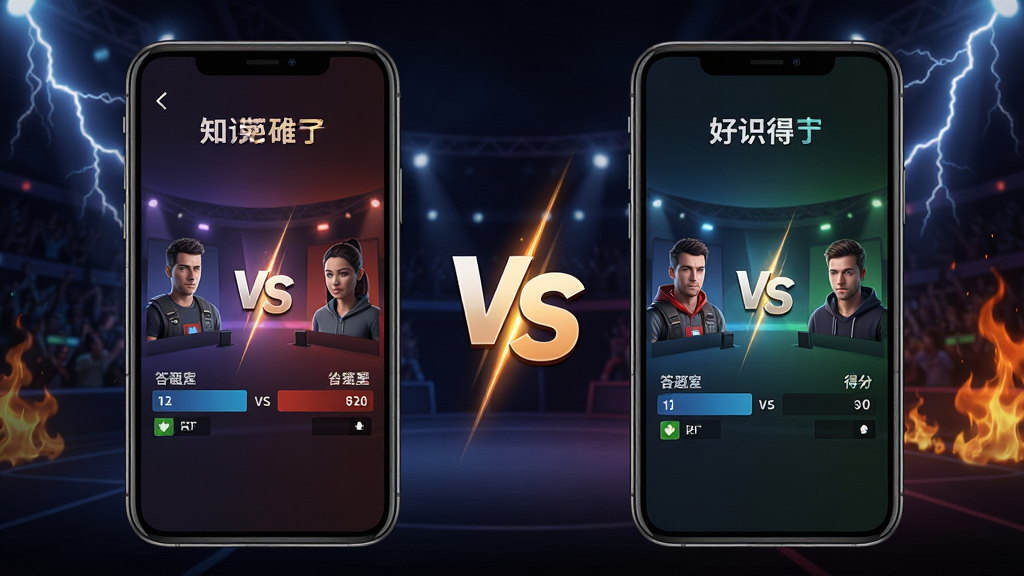 一张展示知识英雄多人对战界面的图片,画面中两部手机并排显示,屏幕内分别显示两位玩家的答题进度和得分对比,中间有VS对战标识,背景为竞技场风格的深色渐变,配合闪电和火焰元素,整体氛围紧张刺激,画质清晰干净,无多余装饰