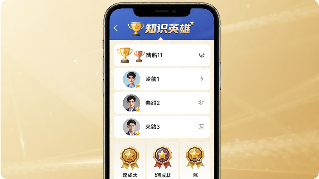一张展示知识英雄排行榜与成就系统的图片,画面为手机屏幕显示排行榜列表,顶部有知识英雄标识,列表中有金银铜奖杯图标和用户头像排名,下方有成就徽章展示区,背景为淡金色渐变,风格简洁大气,画质清晰,无多余元素