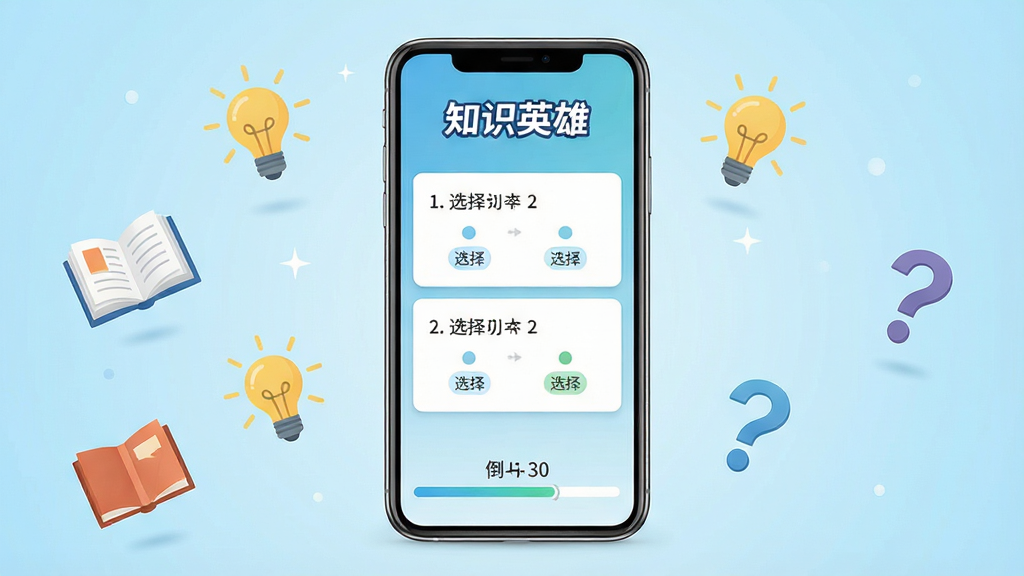 一张展示知识英雄手机应用主界面的图片,画面中央是一部竖屏智能手机,屏幕显示知识英雄答题界面,顶部有知识英雄文字标识,中间是四选一的选择题卡片,底部有倒计时进度条,背景为淡蓝色渐变,周围漂浮着书本、灯泡、问号等知识元素图标,整体风格清新明快,画质清晰干净,无多余元素
