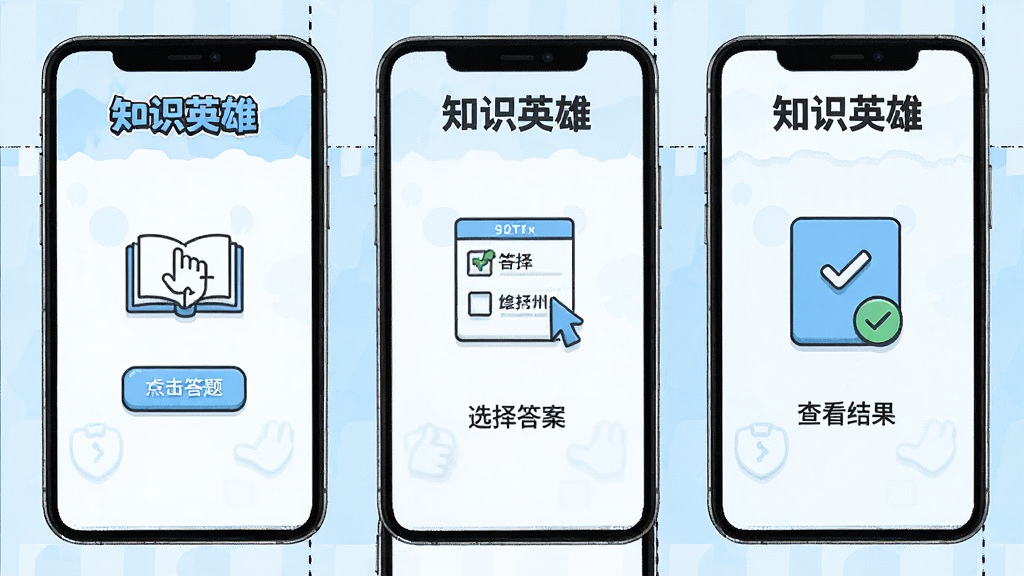 一张展示知识英雄新手引导界面的图片,画面为手机屏幕显示三步引导流程,第一步为点击答题按钮,第二步为选择答案,第三步为查看结果,每步配有简洁的图标和文字说明,顶部有知识英雄标识,背景为白色与浅蓝色搭配,风格清爽,画质清晰,无多余元素