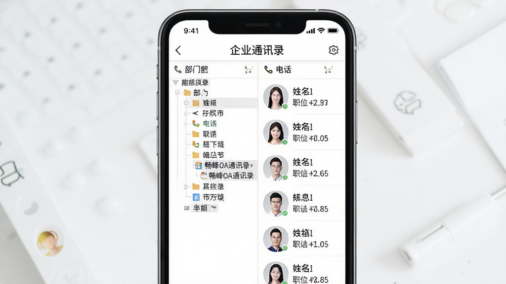 一张展示畅峰OA通讯录与消息功能的图片,画面主体是手机屏幕,屏幕上显示企业通讯录界面,左侧为部门树形结构,右侧为员工列表,包含姓名、职位、电话图标,背景为白色简洁风格,布局为手机居中展示,风格为清爽商务风,细节上突出部门层级和联系人信息,画质高清,干净,无多余元素