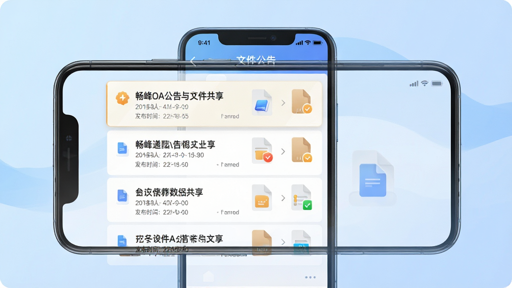 一张展示畅峰OA公告与文件共享功能的图片,画面主体是手机屏幕,屏幕上显示公告列表和文件管理界面,包含通知标题、发布时间、附件图标等元素,背景为浅蓝色渐变,布局为手机居中展示,风格为简洁明快风,细节上突出公告置顶标识和文件类型图标,画质高清,干净,无多余元素