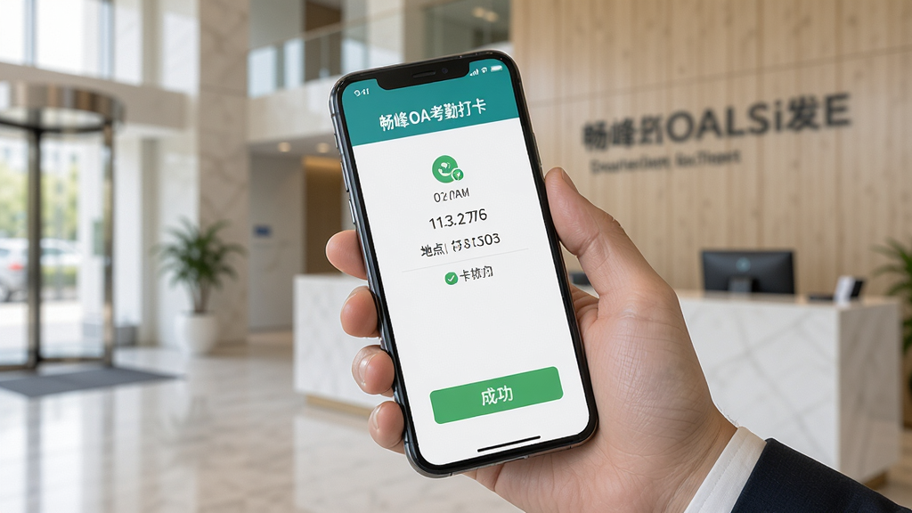 一张展示畅峰OA考勤打卡功能的图片,画面中一只手拿着手机,手机屏幕上显示打卡成功界面,包含时间、地点、打卡状态等信息,背景为办公楼大厅或前台区域,布局为人物手持手机的特写构图,风格为写实商务风,细节上突出打卡按钮和成功提示,画质高清,干净,无多余元素
