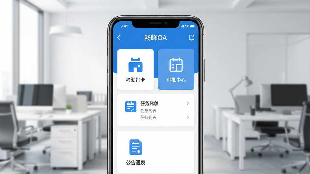 一张展示畅峰OA移动端主界面的图片,画面中央是一部智能手机,屏幕上显示畅峰OA的应用界面,包含考勤打卡、审批中心、任务列表、公告通知等功能图标,背景为简洁的办公室环境,布局采用居中构图,风格为现代商务扁平化设计,细节上突出界面清晰、图标规整、色彩以蓝白为主,画质高清,干净,无多余元素