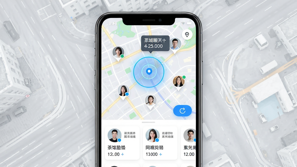 茶馆儿同城聊天交友 同城地图定位界面,主体是手机屏幕显示城市地图与用户头像标记,布局为地图占据上半部分用户卡片横排在下半部分,排版清晰有序,风格简约科技感,细节包含定位光圈、距离数值、刷新按钮,画质高清干净无多余元素,背景为浅灰色城市道路纹理
