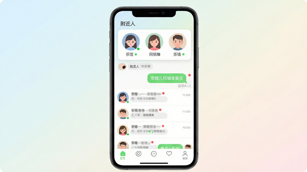 茶馆儿同城聊天交友 手机界面展示,主体是一部竖屏智能手机,屏幕内呈现同城交友列表和聊天气泡,布局简洁居中,排版采用上下结构上方为附近的人头像卡片下方为消息列表,风格清新现代扁平化,细节包含头像圆角、在线绿点、消息红点、底部导航栏图标,画质高清干净无多余元素,背景为柔和渐变浅色,整体明亮舒适