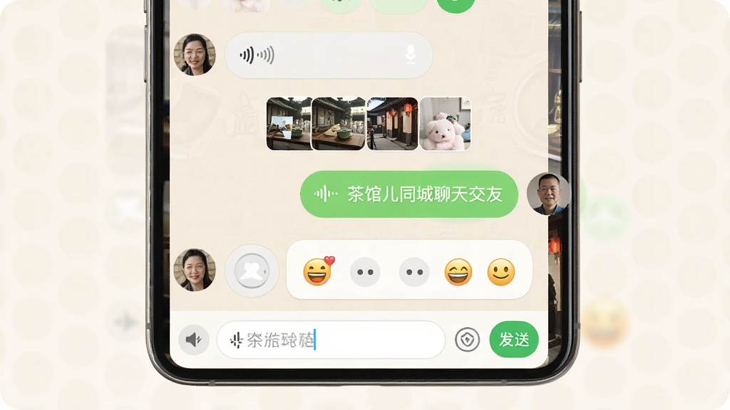 茶馆儿同城聊天交友 聊天对话界面,主体是手机屏幕显示聊天气泡与输入框,布局为上下消息流排列,排版左侧对方右侧自己,风格清爽圆角设计,细节包含语音条、图片缩略图、表情面板、发送按钮,画质高清干净无多余元素,背景为浅米色聊天底纹