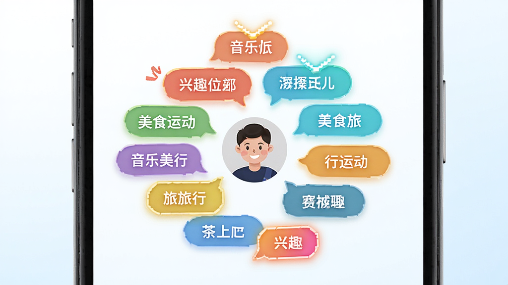 茶馆儿同城聊天交友 兴趣标签选择页面,主体是手机屏幕内多个彩色标签气泡,布局为标签云环绕中心头像,排版错落有致,风格活泼明快,细节包含标签文字如音乐美食旅行运动、选中高亮效果,画质高清干净无多余元素,背景为纯白渐变浅蓝