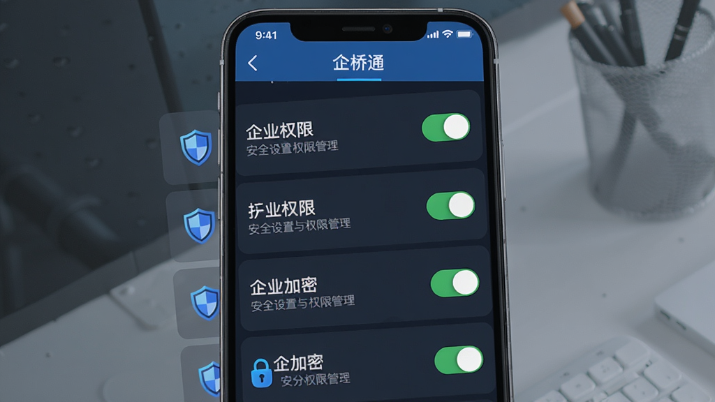 一张展示“企桥通”安全设置与权限管理界面的手机截图风格图片,画面主体为手机屏幕内的权限开关列表与加密标识,布局为纵向列表式构图,风格为安全科技风,细节包含盾牌图标、开关按钮、权限文字说明,画质清晰干净,无多余元素