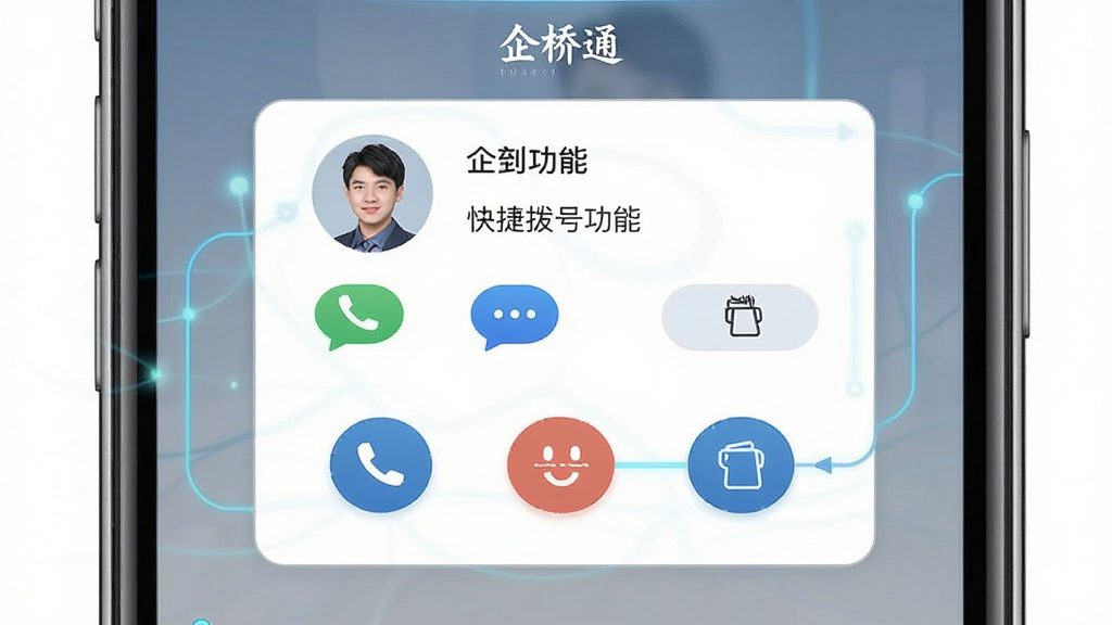 一张展示“企桥通”快捷拨号功能的界面截图风格图片,画面主体为手机屏幕特写,屏幕中央显示联系人详情卡片与拨号按钮,布局为居中构图,风格为清爽科技风,细节包含电话图标、短信图标、复制按钮及联系人头像,画质清晰干净,无多余元素