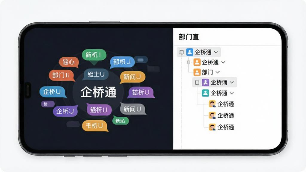 一张展示“企桥通”部门分组与标签管理界面的产品示意图,画面主体为手机屏幕内的分组标签云与部门树状列表,布局为左右分栏结构,风格为简约商务风,细节包含彩色标签、部门图标、展开折叠箭头,画质清晰干净,无多余元素