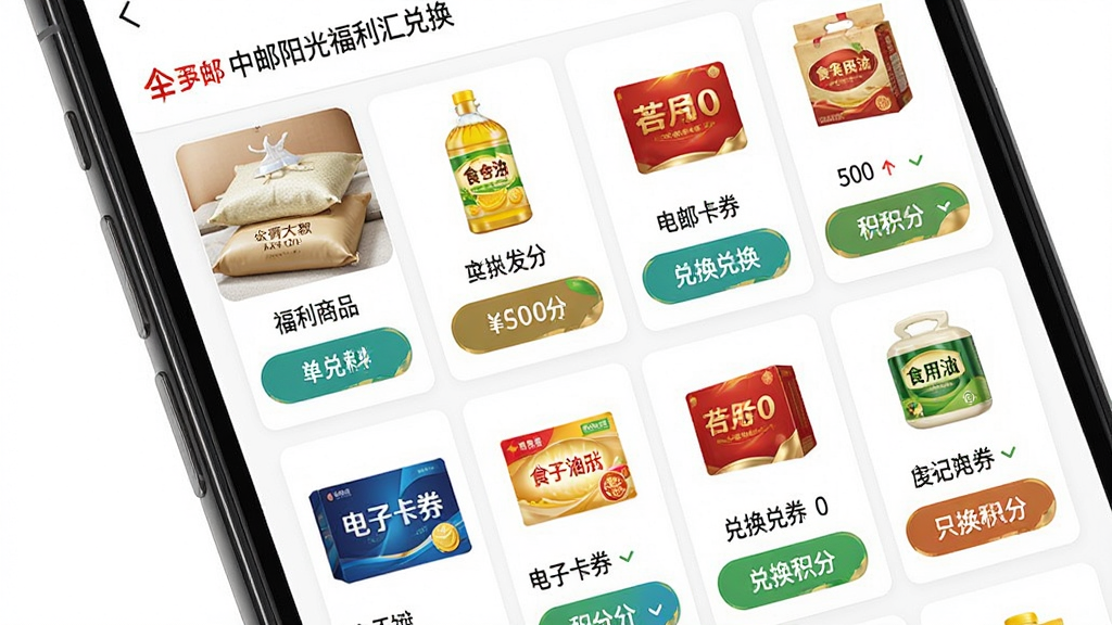一张展示中邮阳光福利汇兑换页面的图片,主体为手机屏幕特写,屏幕中显示福利汇商品列表,包含大米、食用油、电子卡券等商品卡片,每张卡片带有兑换按钮和积分价格,布局为两列网格排版,风格为清新电商风,细节上商品图片清晰、按钮颜色醒目,背景为白色,画质高清,干净,无多余元素