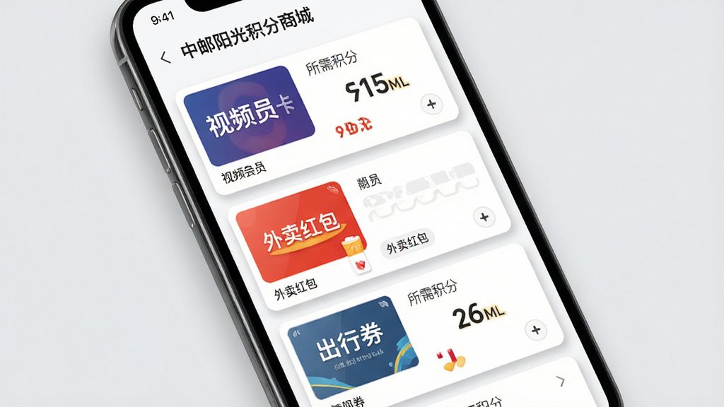 一张展示中邮阳光积分商城页面的图片,主体为手机屏幕,屏幕中显示积分商城商品列表,包含视频会员卡、外卖红包、出行券等虚拟商品卡片,卡片上方显示所需积分数量,布局为单列列表排版,风格为现代简约风,细节上积分数字突出、卡片有轻微阴影,背景为浅灰色,画质高清,干净,无多余元素