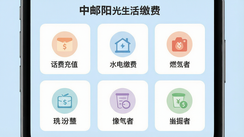 一张展示中邮阳光生活缴费功能的图片,主体为手机屏幕,屏幕中显示生活缴费页面,包含话费充值、水电缴费、燃气缴费等图标入口,布局为三行三列图标网格,风格为简约扁平化,细节上图标颜色柔和、文字清晰,背景为浅蓝色,画质高清,干净,无多余元素