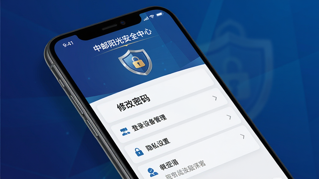 一张展示中邮阳光安全中心页面的图片,主体为手机屏幕,屏幕中显示安全中心页面,包含修改密码、登录设备管理、隐私设置等选项,布局为纵向列表排版,风格为商务安全风,细节上盾牌图标醒目、文字层级清晰,背景为深蓝色渐变,画质高清,干净,无多余元素