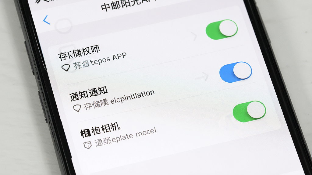 一张展示中邮阳光APP安装与设置界面的图片,主体为手机屏幕,屏幕中显示权限设置页面,包含存储权限、通知权限、相机权限等开关选项,布局为纵向列表排版,风格为系统设置风,细节上开关按钮清晰、文字说明完整,背景为白色,画质高清,干净,无多余元素
