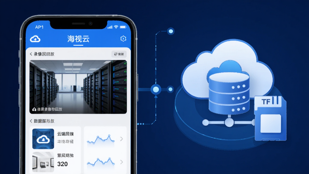 画面展示一个云端存储与本地存储相结合的数据管理界面,左侧是“海视云”APP的录像回放界面截图,右侧是云端服务器和TF卡的图标组合。整体风格为科技信息图,布局清晰,色调以蓝白为主,细节精致,画质干净,无多余元素。