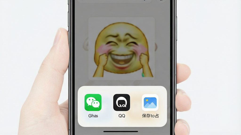 一张展示“腻歪”软件分享界面的图片,画面主体为手机屏幕中一个制作完成的表情包,下方弹出分享菜单,菜单中包含微信、QQ、保存到相册等图标,布局为竖屏底部弹窗,排版简洁,风格为清新浅色系,细节包括圆角按钮、社交软件图标、半透明遮罩背景,画质为高清,画面干净无多余元素