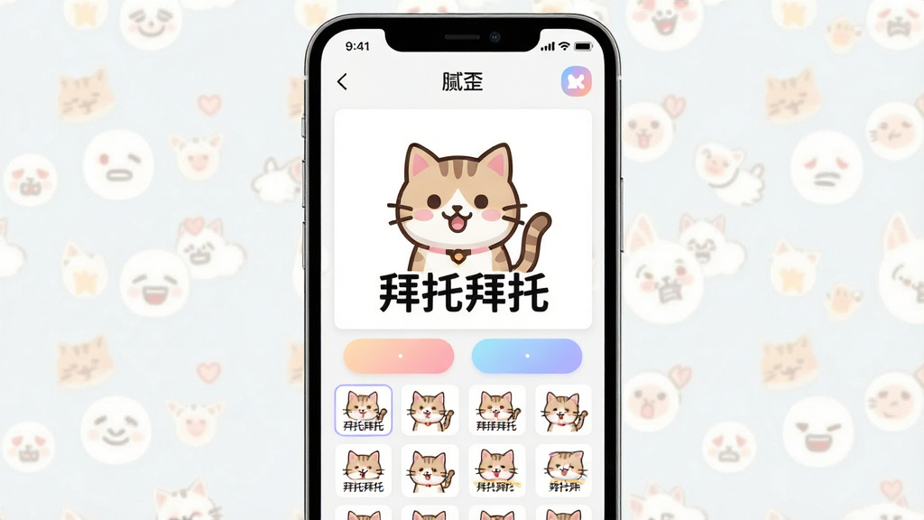 一张展示手机屏幕的图片,屏幕中打开着名为“腻歪”的APP界面,界面中央是一个正在编辑的表情包,画面主体为一只卡通猫咪配上“拜托拜托”的文字,下方排列着多款表情包模板缩略图,整体布局为竖屏手机展示,排版简洁清晰,风格为清新可爱扁平化设计,细节包括圆角图标、柔和渐变色按钮、表情包预览区域,画质为高清2K,画面干净无多余元素