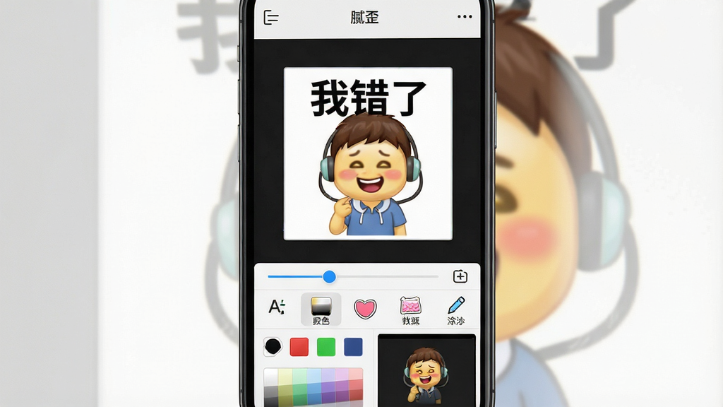 一张展示“腻歪”软件编辑界面的图片,画面主体为手机屏幕中一个正在编辑的表情包,画面中央是卡通人物配文字“我错了”,下方工具栏显示字体、颜色、贴纸、涂鸦等选项,布局为竖屏操作界面,排版清晰,风格为现代扁平化设计,细节包括滑块调节条、颜色选择器、实时预览区域,画质为高清,画面干净无多余元素