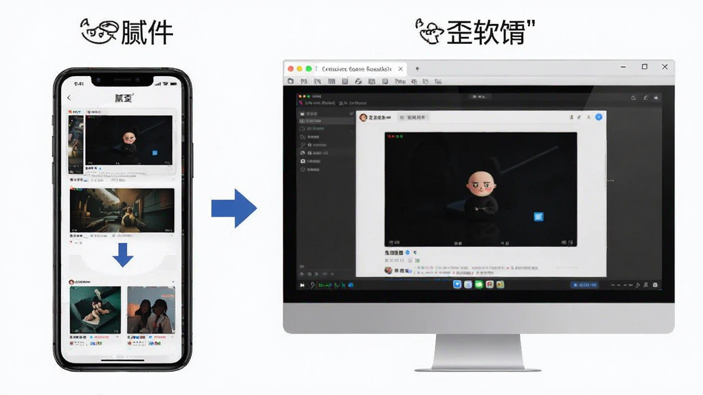 一张展示“腻歪”软件在手机和电脑模拟器上同时运行的对比图片,画面左侧为手机竖屏界面,右侧为电脑模拟器窗口,布局为左右对比,排版清晰,风格为科技感扁平化设计,细节包括设备边框、界面缩略图、箭头标注,画质为高清,画面干净无多余元素
