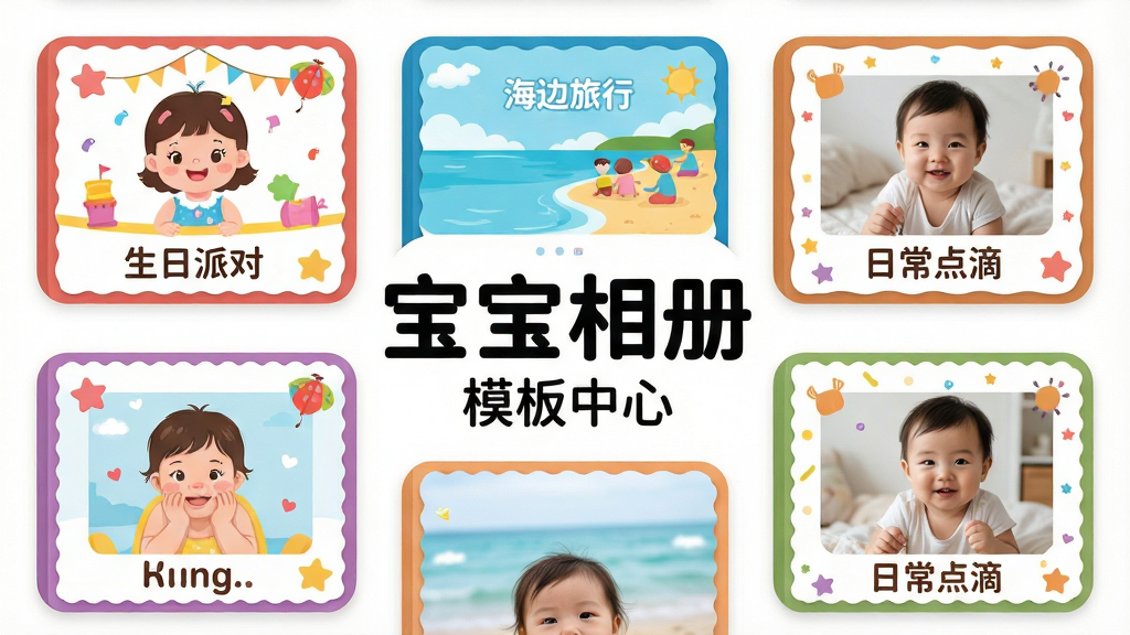 宝宝相册模板中心界面展示,画面中排列着多个相册模板缩略图,每个缩略图展示不同风格如“生日派对”“海边旅行”“日常点滴”,布局采用网格状排列,风格活泼可爱,细节包括圆角卡片、彩色边框、小图标装饰,画质高清干净,无多余元素,图片中文字为“宝宝相册”和“模板中心”