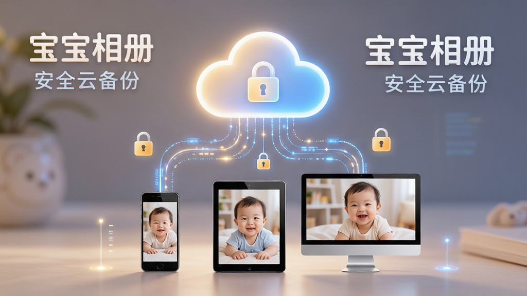 宝宝相册云端备份功能示意图,画面中央是一个发光的云朵图标,云朵下方连接着手机、平板和电脑三个设备,每个设备屏幕显示宝宝照片,布局采用三角形稳定构图,风格科技感与温馨感结合,细节包括数据流线条、锁形安全图标、柔和光晕,画质高清干净,无多余元素,图片中文字为“宝宝相册”和“安全云备份”