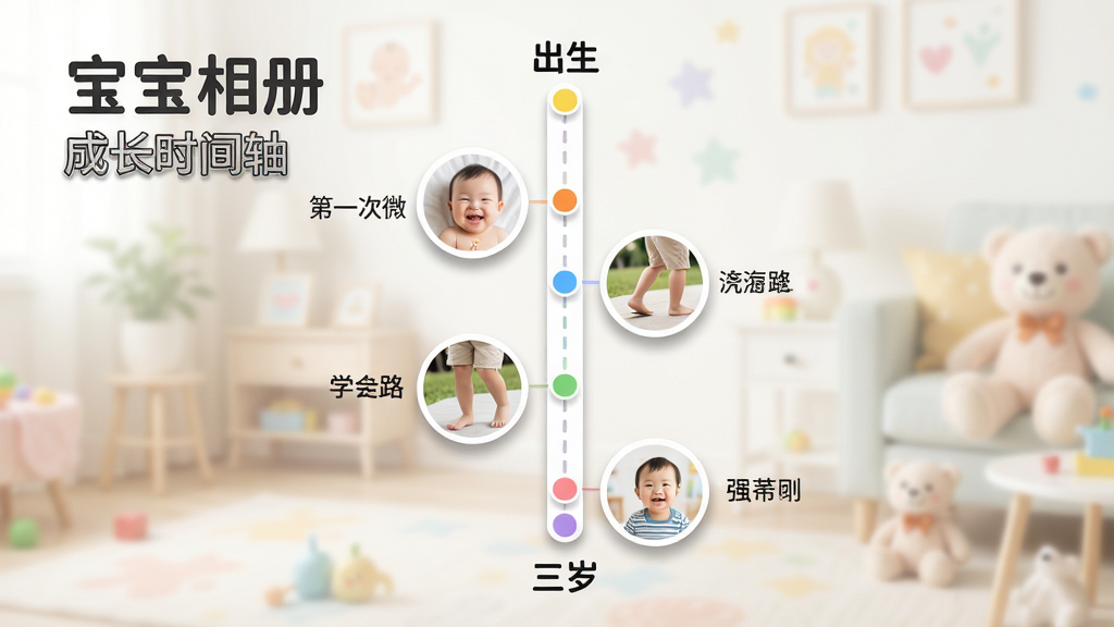 宝宝相册智能时光轴功能展示,画面中央是一条垂直时间轴,从顶部“出生”到底部“三岁”,时间轴上分布着多个圆形照片缩略图,每个缩略图旁边有文字标签如“第一次微笑”“学会走路”,布局采用纵向延伸排版,风格清新明快,细节包括柔和阴影、彩色小圆点标记、背景虚化处理,画质高清干净,无多余元素,图片中文字为“宝宝相册”和“成长时间轴”