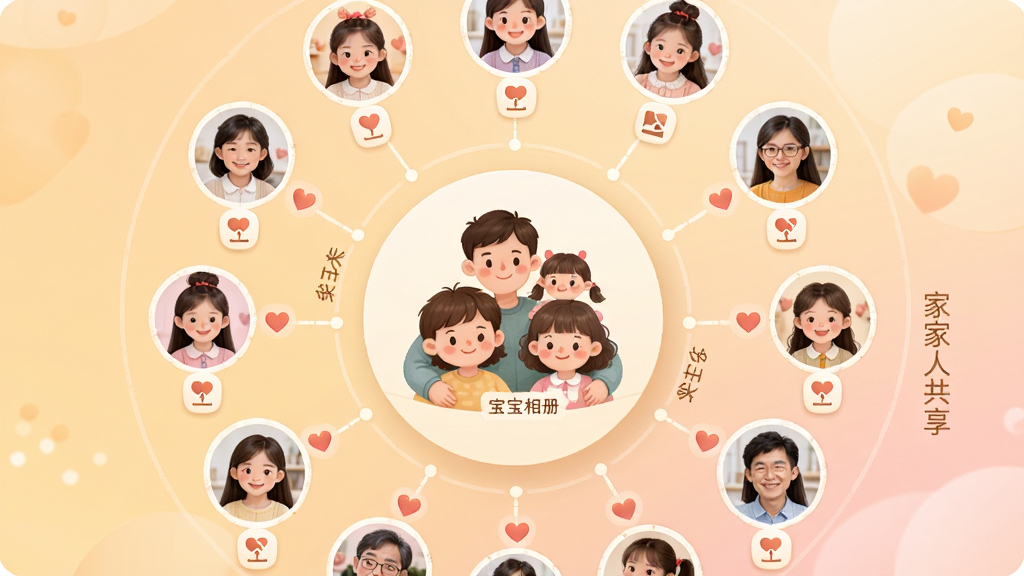 宝宝相册家人共享功能展示,画面中是一个圆形家庭群组图标,周围环绕着多个家庭成员头像,每个头像下方有上传照片的小图标,布局采用放射状圆形排版,风格温暖亲切,细节包括连接线、爱心符号、柔和渐变背景,画质高清干净,无多余元素,图片中文字为“宝宝相册”和“家人共享”