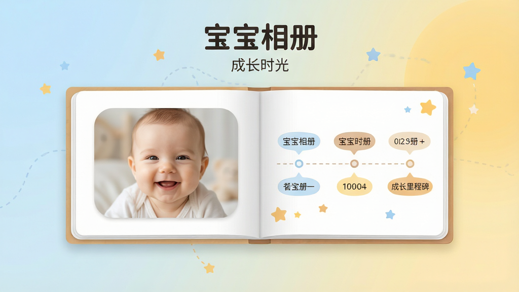 宝宝相册软件主界面展示,中央是一本翻开的电子相册,左侧页面显示婴儿笑脸照片,右侧页面显示时间轴和成长里程碑标签,背景是柔和的浅蓝色与暖黄色渐变,布局采用居中对称排版,风格温馨简约,细节包括照片圆角边框、时光轴虚线连接、小星星点缀,画质高清干净,无多余元素,图片中文字为“宝宝相册”和“成长时光”