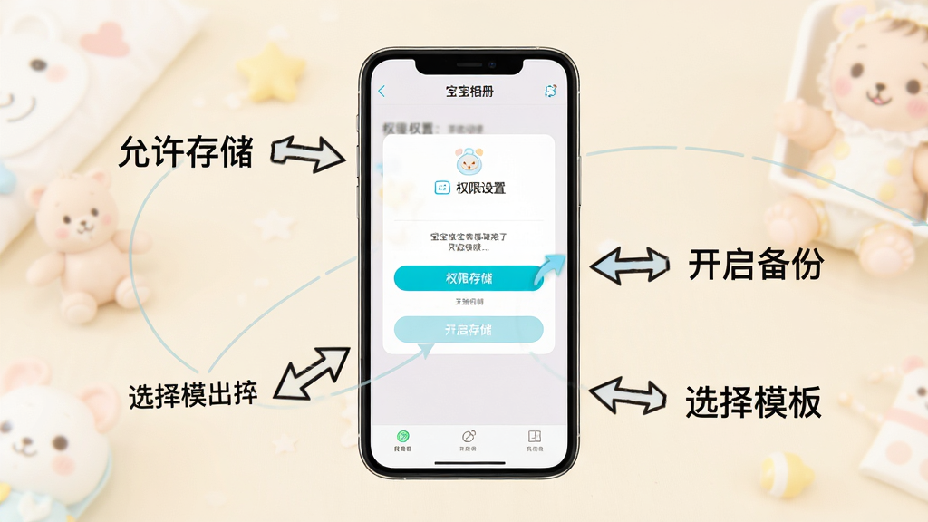 宝宝相册新手操作指引图,画面中央是一部智能手机,屏幕上显示宝宝相册的安装权限设置界面,手机周围有箭头指向不同操作步骤如“允许存储”“开启备份”“选择模板”,布局采用环绕式说明排版,风格清晰直观,细节包括高亮按钮、文字标注、柔和背景,画质高清干净,无多余元素,图片中文字为“宝宝相册”和“权限设置”
