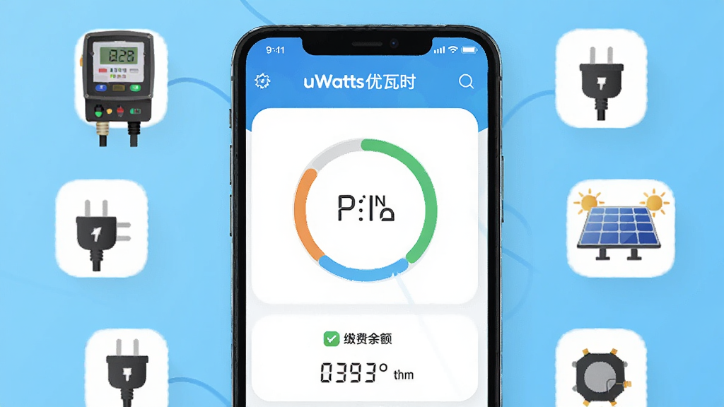画面中央放置一部智能手机,屏幕显示uWatts优瓦时的主界面,界面中有环形电量图与缴费余额数字;手机周围环绕智能电表、充电插头、太阳能板等小图标,背景为浅蓝色渐变;整体采用扁平化科技风格,细节干净清晰,画质高清,无多余元素