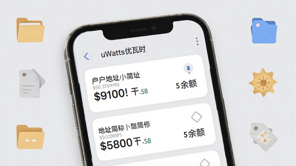 手机界面展示uWatts优瓦时的多户号管理列表,每个户号卡片上有地址简称和余额数字;背景为浅灰色,有文件夹和标签图标点缀;风格简约实用,细节干净,画质高清,无多余元素