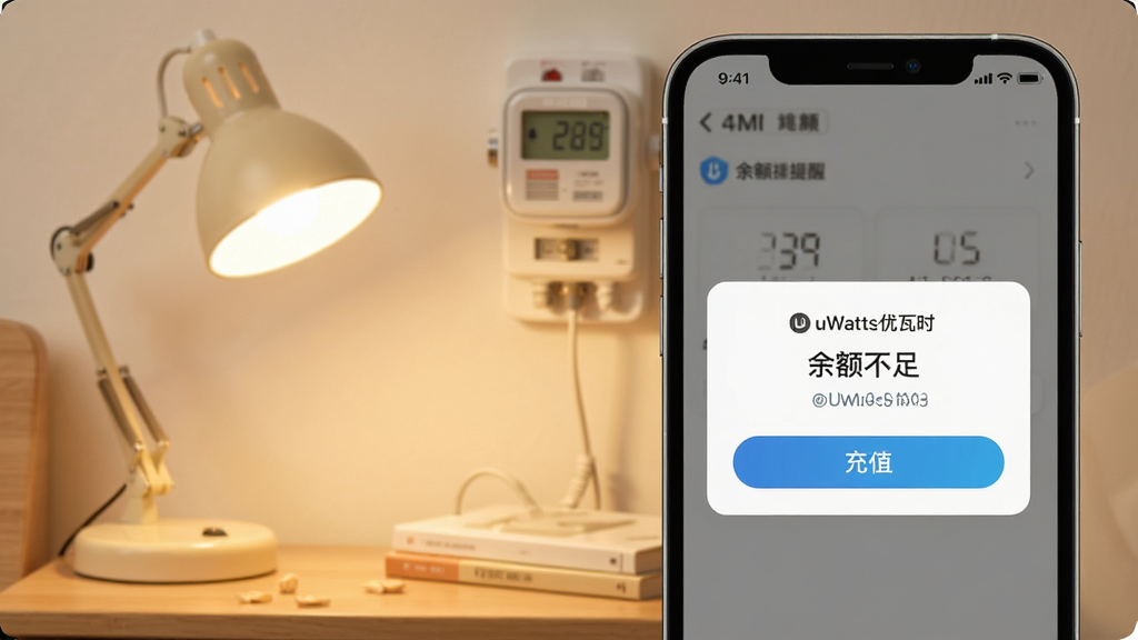 手机界面展示uWatts优瓦时的余额提醒弹窗,弹窗内有