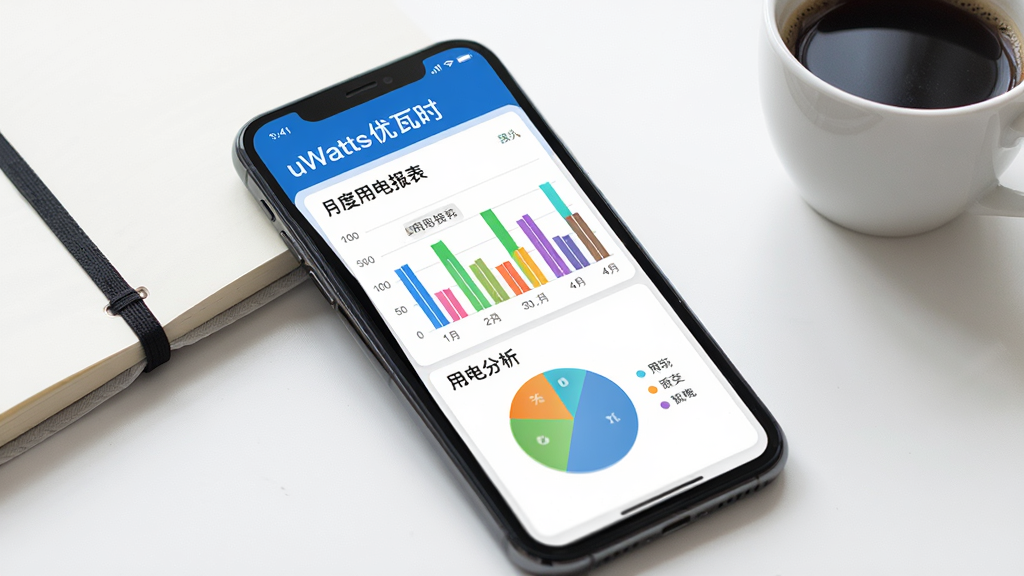 手机屏幕显示uWatts优瓦时的月度用电报表,有彩色柱状图和饼图,图表旁有