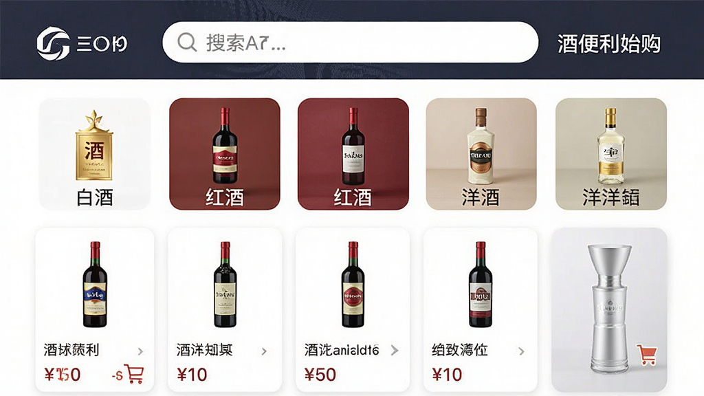 一张手机应用界面截图,画面中央展示酒便利企业购App首页,包含白酒、红酒、洋酒等分类图标,顶部有搜索栏和品牌Logo,背景为干净白色,风格简洁商务,布局清晰,细节包含商品卡片、价格标签和购物车图标,画质高清,无多余元素