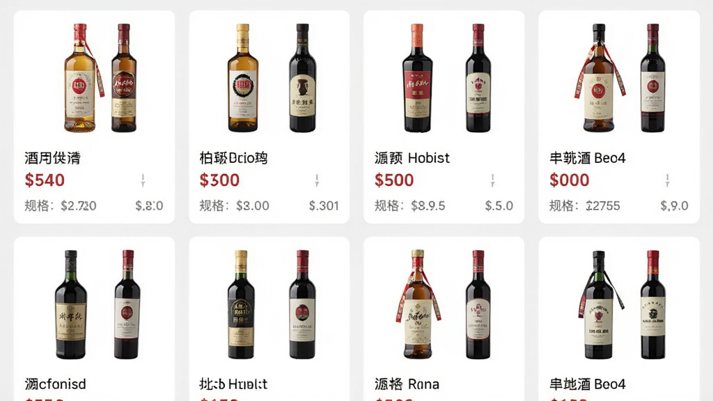 酒便利企业购App商品列表页截图,展示多款白酒和红酒商品卡片,每张卡片包含酒瓶图片、名称、价格和规格,页面采用网格布局,背景为浅灰色,风格清爽,画质高清,无多余装饰