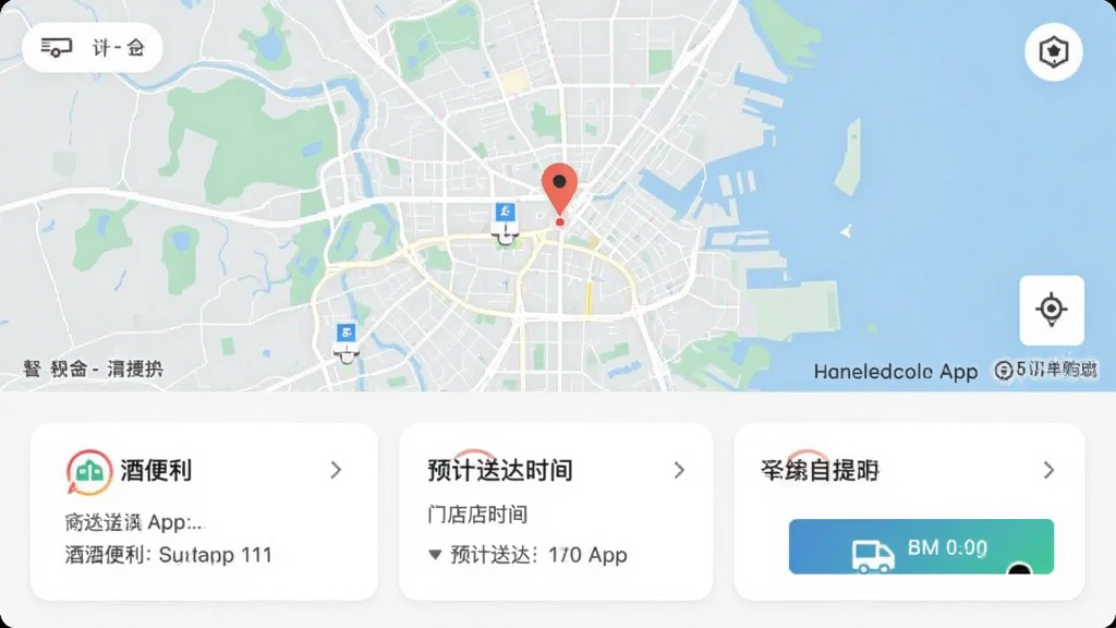 酒便利企业购App订单配送页面截图,画面展示配送地图、预计送达时间和门店自提选项,布局为上下结构,顶部为地图区域,底部为配送详情卡片,风格现代简洁,画质清晰,无多余元素