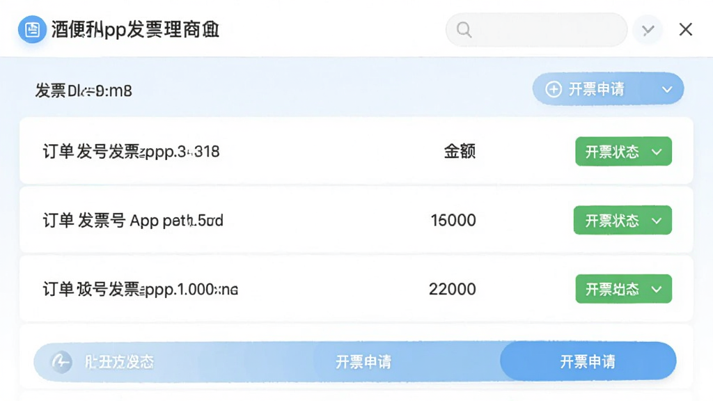酒便利企业购App发票管理界面截图,展示发票列表和开票申请按钮,画面以白色和浅蓝色为主,布局为列表式,每条记录包含订单号、金额和开票状态,风格简洁商务,画质高清