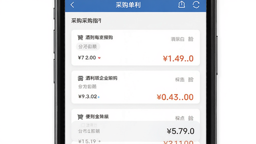 酒便利企业购App操作指引示意图,画面展示手机屏幕上的采购单管理界面,包含多个订单卡片和合计金额,布局为列表式,风格简洁商务,画质高清,无多余元素