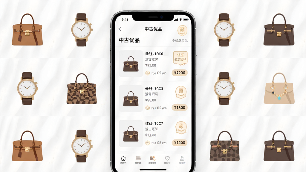 主体为中古优品APP界面展示,布局采用手机屏幕居中排列,周围环绕各类奢侈品包袋、腕表、珠宝首饰的扁平化图标,排版简洁有序,风格为现代科技感与轻奢质感结合,细节包括界面中显示商品列表、鉴定证书标识和价格标签,画面中文字标注“中古优品”,画质高清,干净明亮,无多余元素