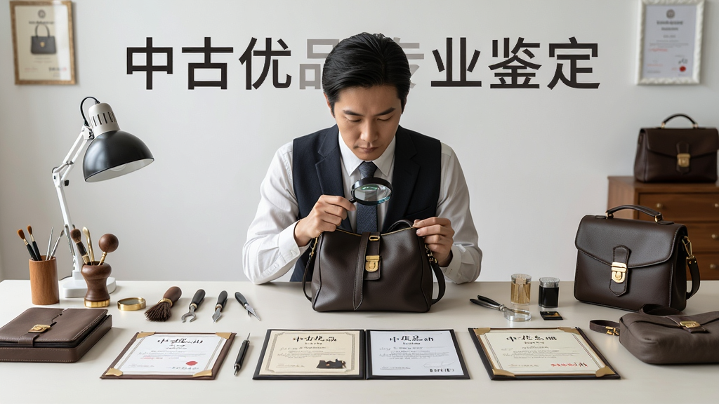 主体为中古优品鉴定师工作场景,布局为鉴定台居中,鉴定师手持放大镜观察包袋细节,排版采用对称构图,风格为写实摄影风,细节包括台面上摆放的鉴定工具、证书和商品,画面中文字标注“中古优品 专业鉴定”,画质清晰,干净整洁,无多余元素