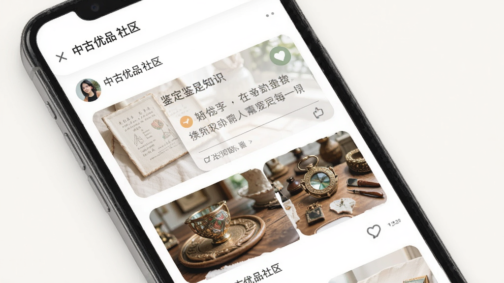 主体为中古优品社区内容页面,布局为手机屏幕展示图文帖子流,排版采用瀑布流形式,风格为清新社交风,细节包括鉴定知识卡片、用户头像和点赞评论图标,画面中文字标注“中古优品 社区”,画质高清,色彩柔和,无多余元素